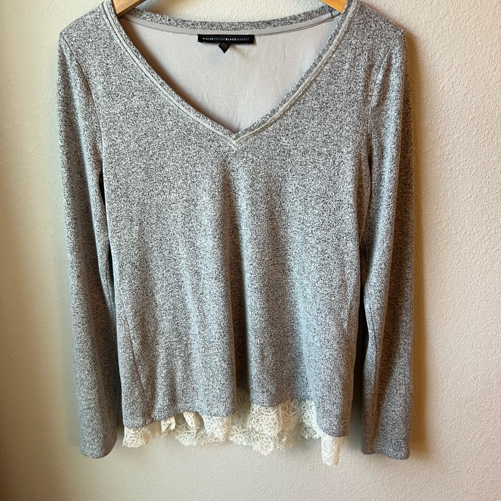 White House Black Market Gray Ruffled Long Sleeve Blouse